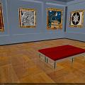 Art Gallery Interior With Framed Artworks On Blue Walls Wooden Parquet Floor And Red Bench