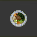 Delicious Grilled Steak with Rice Beans Vegetables and Lemon Slice on Blue White Patterned Plate