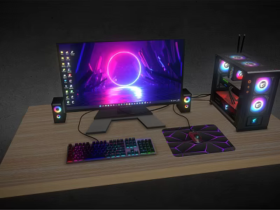 Gaming PC Setup With RGB Lighting Transparent Case Backlit Keyboard Monitor Speakers And Mouse Pad 3d model