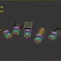 Toy Trucks Collection Featuring Various Types With Blue Green And Brown Bodies On Gray Background