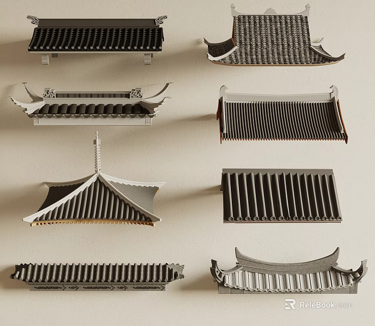 Traditional Chinese Architectural Roof Components Featuring Diverse Eave Styles And Tile Designs 3d model 