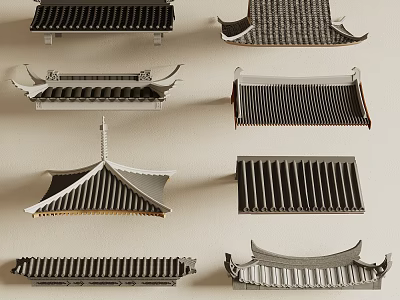 Traditional Chinese Architectural Roof Components Featuring Diverse Eave Styles And Tile Designs 3d model
