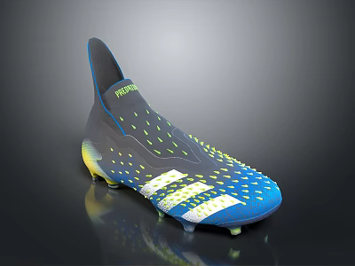 Adidas Predator Soccer Cleats In Gray Blue Yellow With White Stripes And Studs 3d model