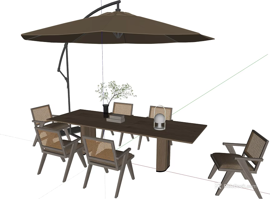 Outdoor Landscape Seating with Wooden Chairs Long Table and Brown Umbrella 3d model 