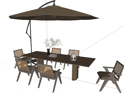 Outdoor Landscape Seating with Wooden Chairs Long Table and Brown Umbrella 3d model
