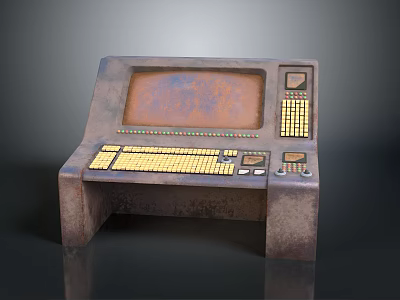 Rusty Control Console With Large Screen Yellow Keyboard And Control Buttons 3d model