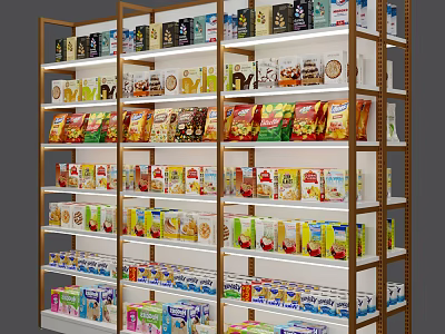 Organized Retail Display Shelves With Various Packaged Food Products 3d model