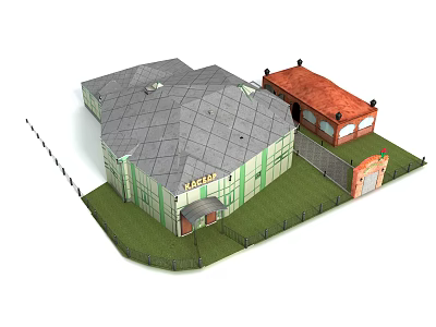 European Style Architectural Building with Green Walls Gray Red Roofs Grass and Fenced Surroundings 3d model