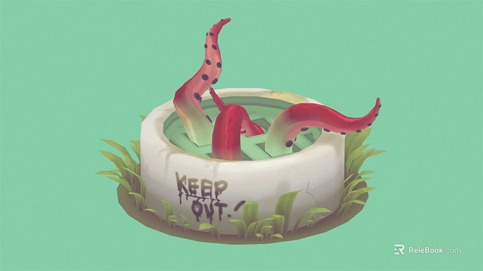 Cartoon Scene With White Container Green Liquid Red Spotted Tentacles Grass And Keep Out Sign 3d model 