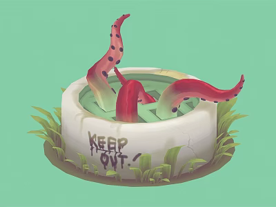 Cartoon Scene With White Container Green Liquid Red Spotted Tentacles Grass And Keep Out Sign 3d model