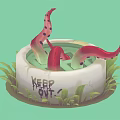 Cartoon Scene With White Container Green Liquid Red Spotted Tentacles Grass And Keep Out Sign