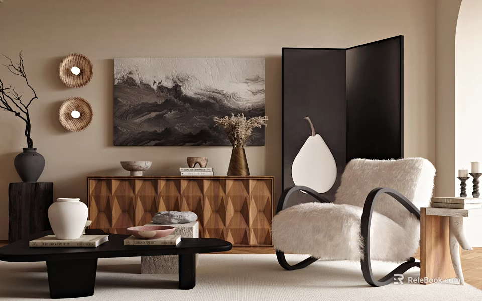 Modern Living Room Interior With Wooden Chest Of Drawers Vase Books And Decorative Bowl 3d model 