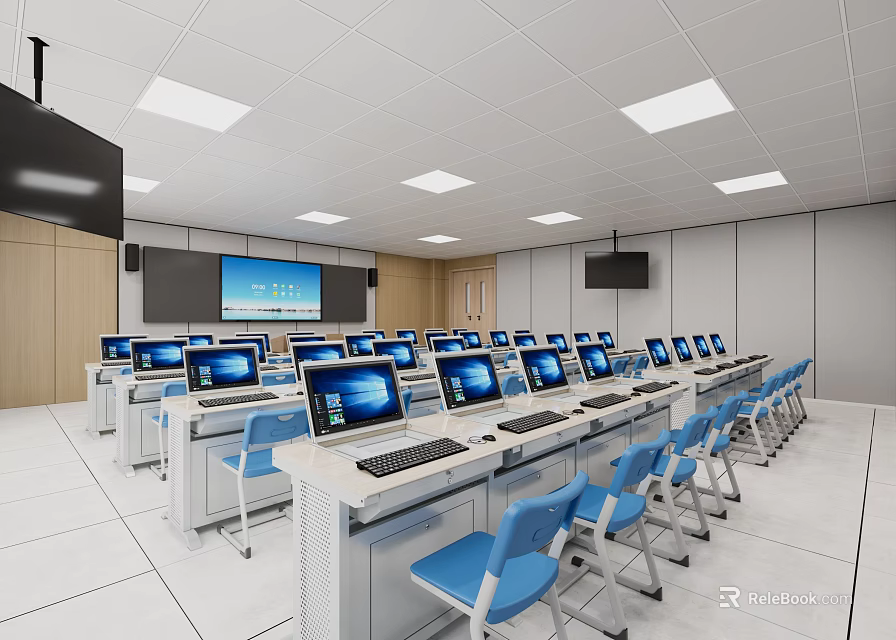 Modern Computer Classroom With Multiple Computers Blue Chairs And White Desks 3d model 