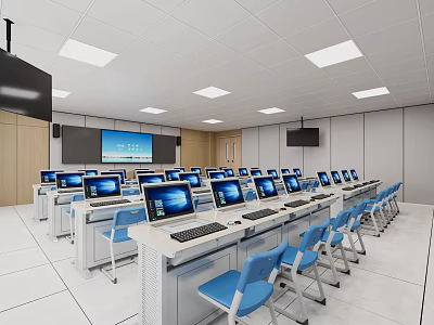 Modern Computer Classroom With Multiple Computers Blue Chairs And White Desks 3d model