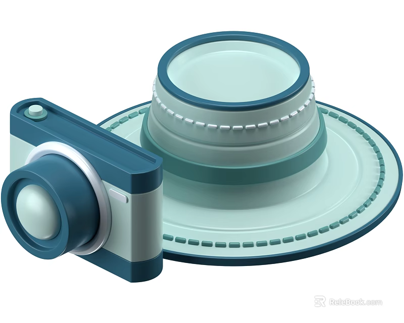 Cartoon Style Blue White Camera And Teal Layered Wide Brimmed Hat With Decorative Stitching 3d model 