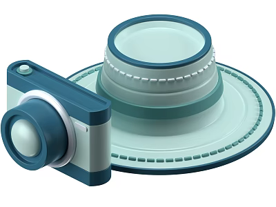 Cartoon Style Blue White Camera And Teal Layered Wide Brimmed Hat With Decorative Stitching 3d model