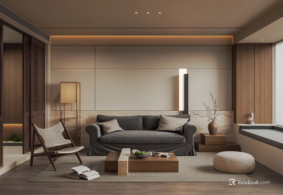 Modern Living Room Interior With Gray Sofa Wooden Elements Coffee Table Armchair And Area Rug 3d model 