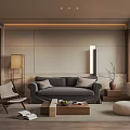 Modern Living Room Interior With Gray Sofa Wooden Elements Coffee Table Armchair And Area Rug