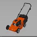 Orange Hand Push Lawn Mower With Black Handle And White Wheels Standing On Dark Background