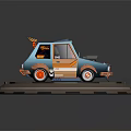 Cartoon Blue And Orange Car With Roof Wing Racing Text Red Wheels On Circular Stand