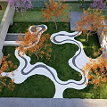 Modern Garden Wall With Curved Pathway Green Lawn And Colorful Trees
