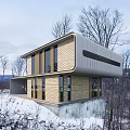 Modern Detached Villa With Curved Roof On Snowy Hillside And Illuminated Windows