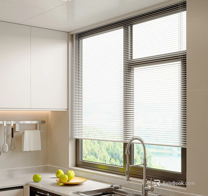 Modern Kitchen Window Blinds With Natural Light And Green Outdoor View 3d model 