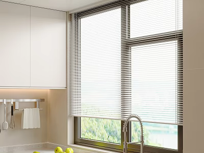 Modern Kitchen Window Blinds With Natural Light And Green Outdoor View 3d model