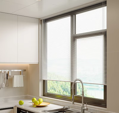 Modern Kitchen Window Blinds With Natural Light And Green Outdoor View 3d model