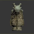 Ancient Chinese Bronze Decorative Vessel With Intricate Patterns And Animal Head Design