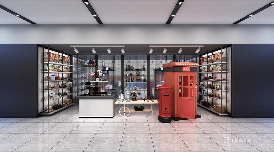 Modern Retail Shop Interior With Glass Display Shelves Red Telephone Booth And Merchandise 3d model 