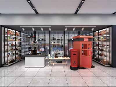 Modern Retail Shop Interior With Glass Display Shelves Red Telephone Booth And Merchandise 3d model