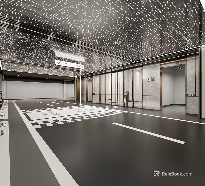 Modern Parking Lot Interior With Black And White Checkered Floor Glass Doors And Dotted Ceiling 3d model 