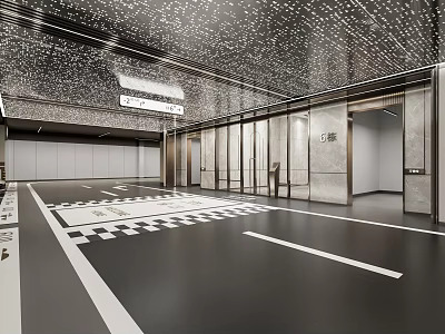 Modern Parking Lot Interior With Black And White Checkered Floor Glass Doors And Dotted Ceiling 3d model