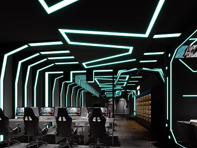 Modern Cyber Cafe Interior With Neon Lights Gaming Computers And Ergonomic Chairs 3d model