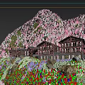 Scenic Mountain Guesthouse Building with Wooden Structure Balconies and Lush Green Surroundings