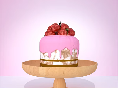 Fresh Strawberry Topped Cake With Pink Frosting On Wooden Stand And Pastel Pink Background 3d model