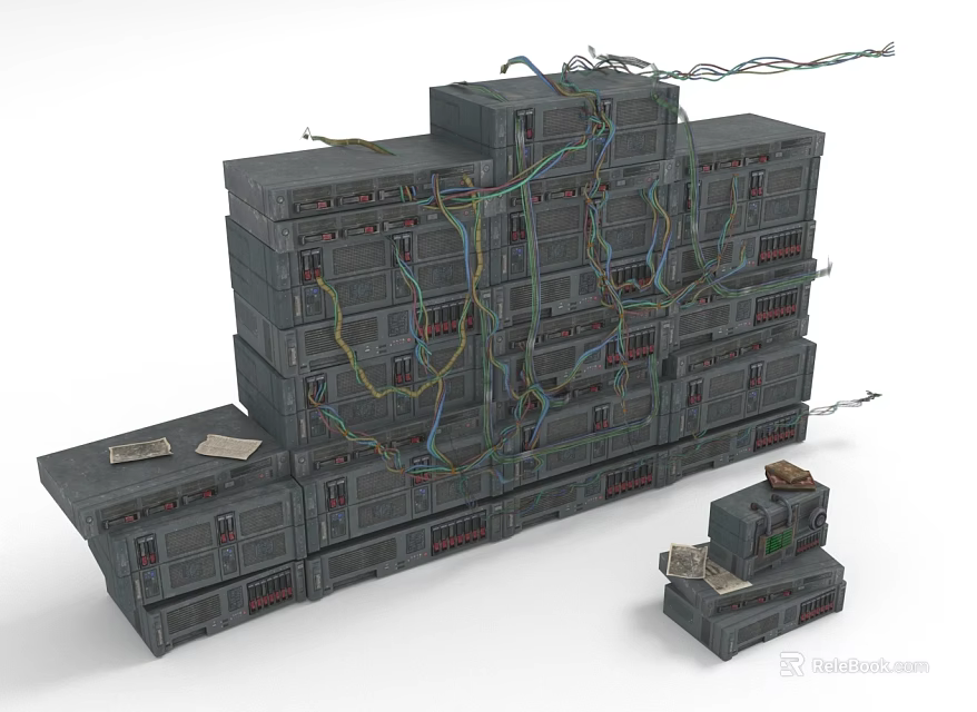 Multiple Layers Of Gray Server Racks With Colorful Cables Connected And Smaller Device Nearby 3d model 