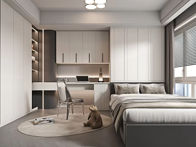 Modern Tatami Bedroom Design With Built in Cabinets Desk Chair And Cozy Bedding 3d model