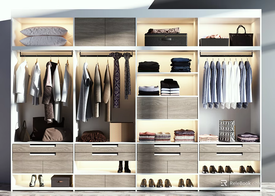Modern Wardrobe Interior Design With Hanging Garments Folded Clothes Shoes Bags And Lighting 3d model 