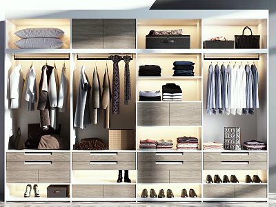 Modern Wardrobe Interior Design With Hanging Garments Folded Clothes Shoes Bags And Lighting 3d model