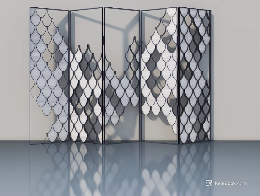 Modern Hinged Door With Fish Scale Pattern Transparent Panels And Metal Frame 3d model