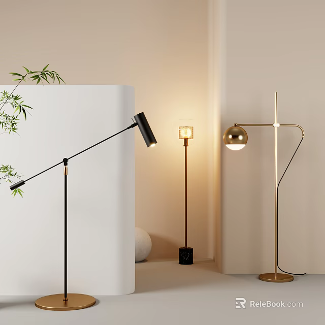 Modern Floor Lamps In Varied Styles With Black Gold And Bamboo Accents 3d model 