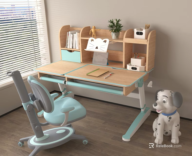 Kids Study Desk With Light Blue Chair Wooden Top Shelf And Cartoon Dog Toy 3d model 