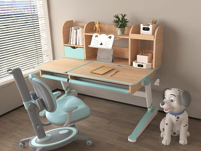 Kids Study Desk With Light Blue Chair Wooden Top Shelf And Cartoon Dog Toy 3d model