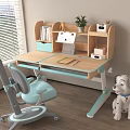 Kids Study Desk With Light Blue Chair Wooden Top Shelf And Cartoon Dog Toy