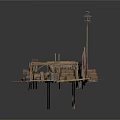 Rustic Wooden Platform Scene With Crates Ropes Thatched Reeds And Frame Structure