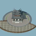 Chinese Traditional Pavilion With Multi Tiered Roof And Wooden Railings On Platform