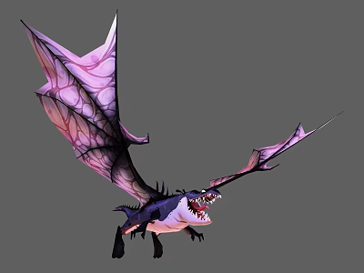 Flying Dragon with Purple Pink Membranous Wings and Open Mouth Sharp Teeth in Flight 3d model