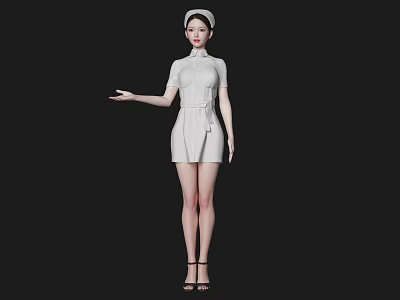 Woman In White Nurse Uniform Standing With Outstretched Hand And Nurse Cap Against Black Background 3d model